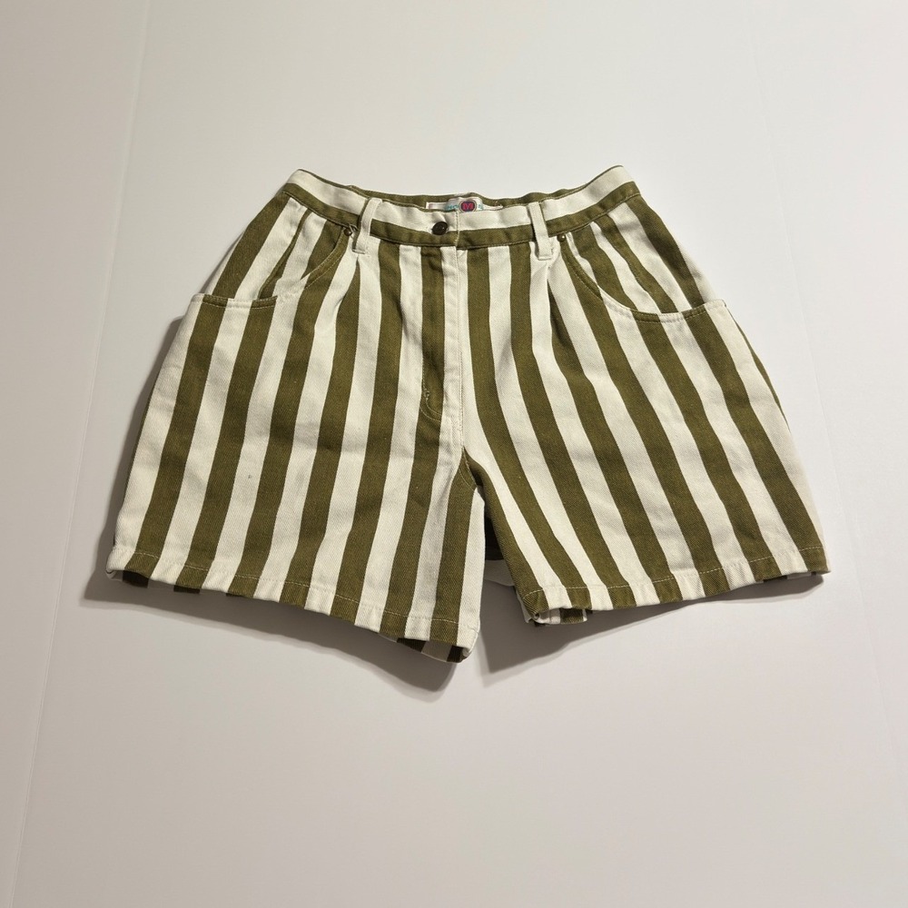 Milano Sport Vintage High Waisted Striped Shorts Olive Green White Cotton Size 8